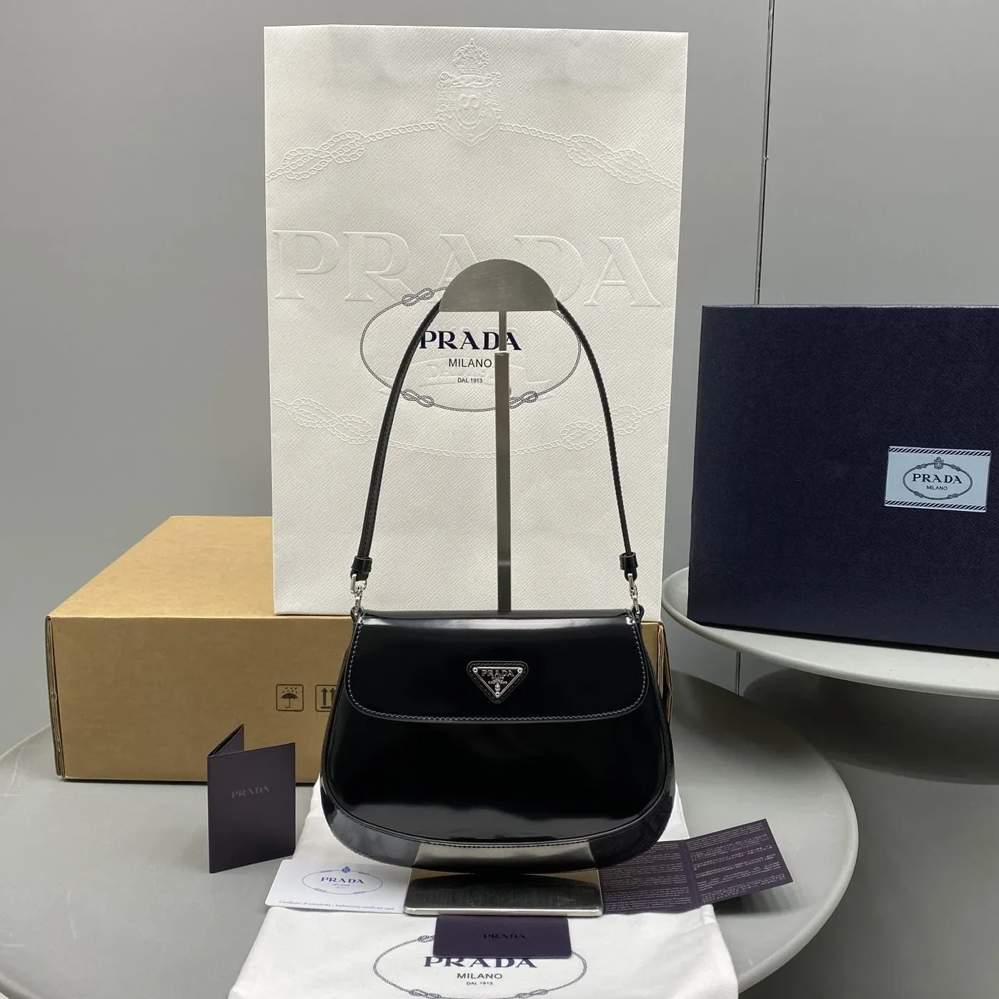 Prada Cleo Brushed Shoulder Bag With Flap Black