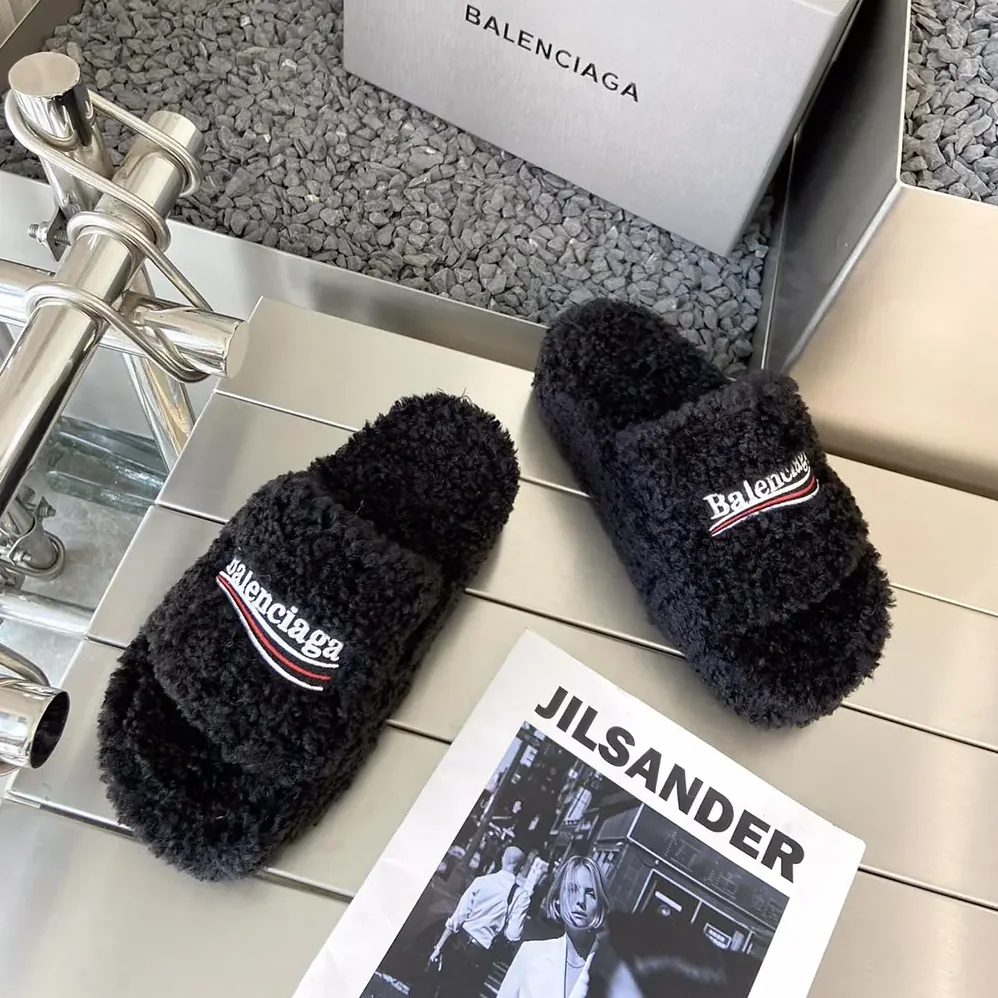 Balenciaga Furry Platform Sandal in Black Fake Shearling for Women Balenciaga Furry Platform Sandal in Black Fake Shearling for Women