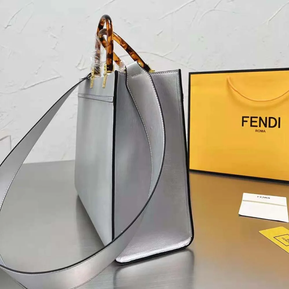 Fendi Fendi Sunshine Medium Silver Laminated Leather Shopper for Women