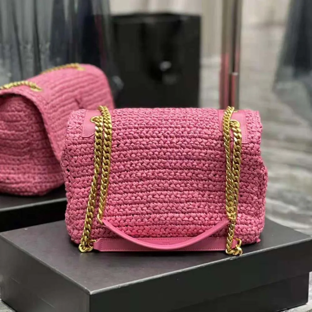 Saint Laurent YSL Niki Medium Chain Bag in Raffia and Leather for Women in Pink Saint Laurent YSL Niki Medium Chain Bag in Raffia and Leather for Women in Pink