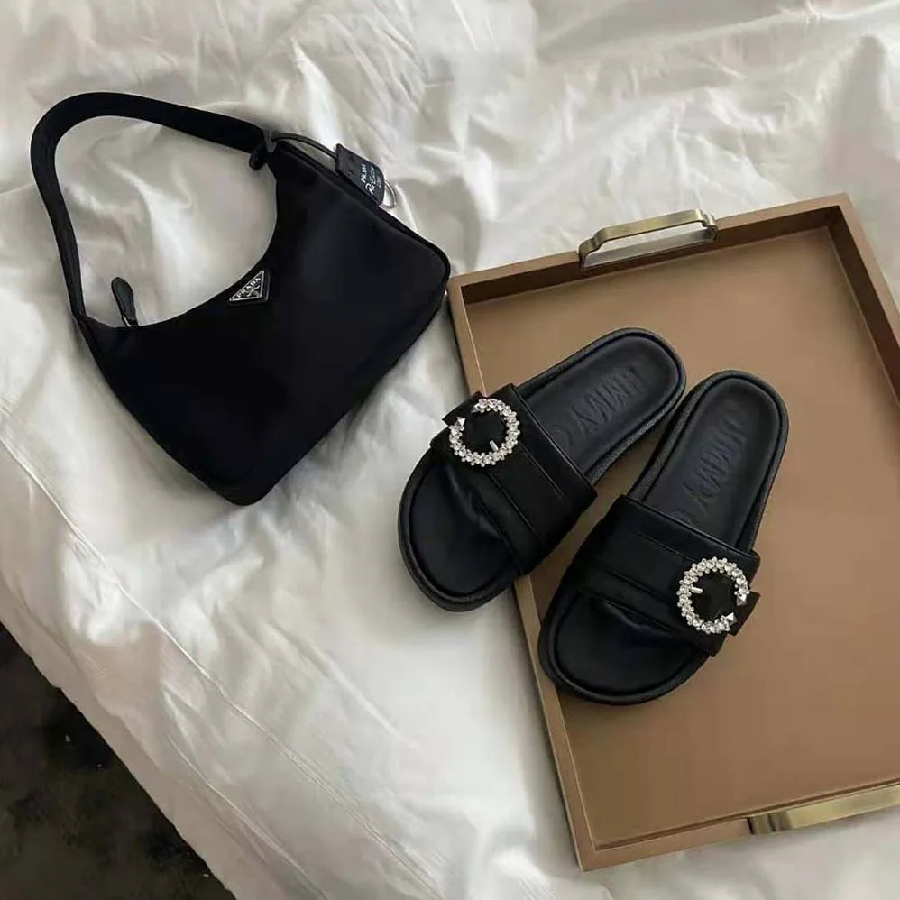Jimmy Choo Fallon Black Nappa Leather Slides with Crystal Buckle for Women