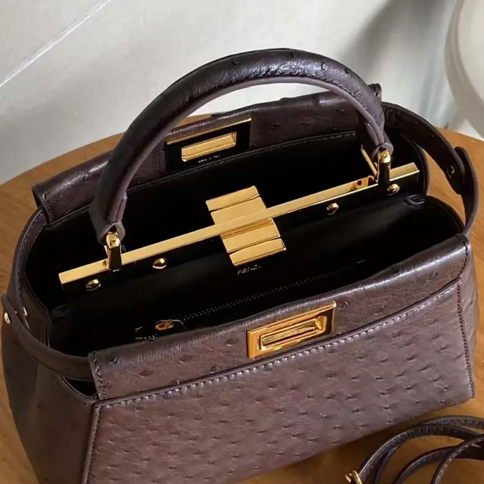 Fendi Peekaboo Iconic Mini Bordeaux Ostrich Leather Bag for Women Fendi Peekaboo Iconic Mini Bordeaux Ostrich Leather Bag for Women