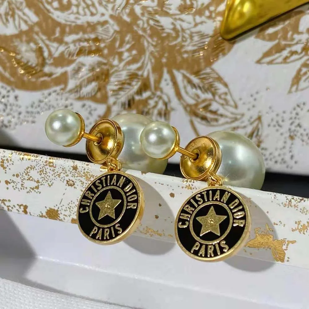 Dior Tribales Earrings Gold-Finish Metal with White Resin Pearls and Navy Blue Lacquer for Women Dior Tribales Earrings Gold-Finish Metal with White Resin Pearls and Navy Blue Lacquer for Women