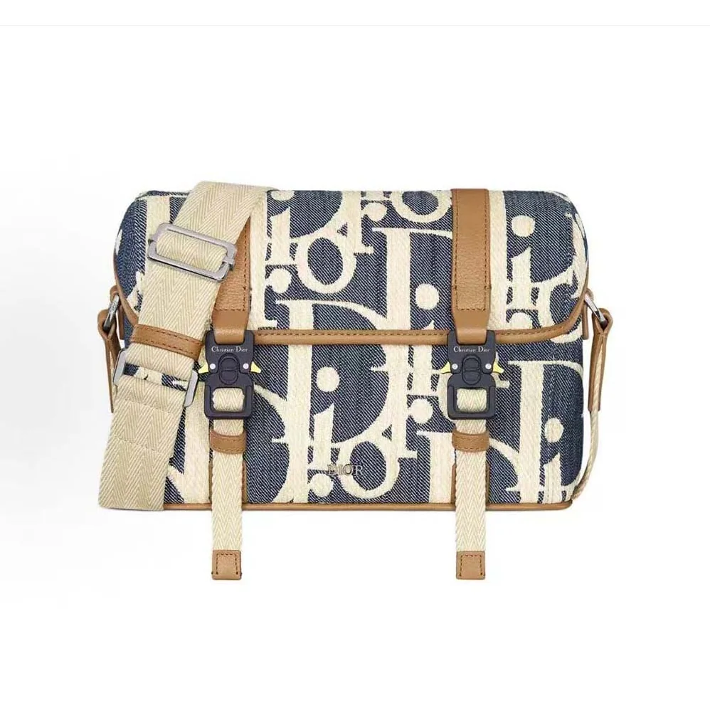 Dior Hit the Road Messenger Bag with Flap Blue and Beige Raffia for Men in Effect Dior Oblique Denim