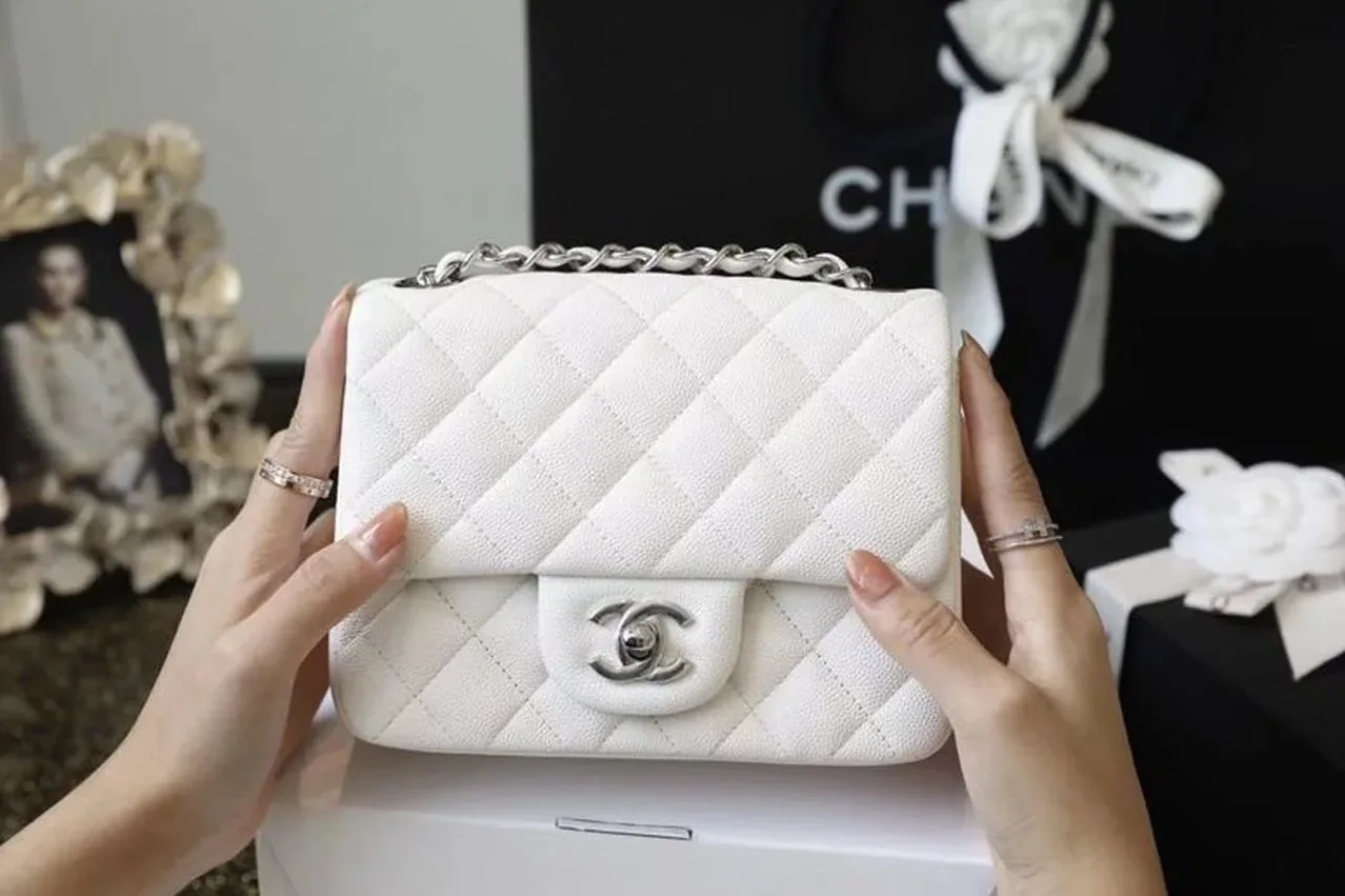 Chanel Classic Flap Bag Mini Crossbody in White Silver Hardware