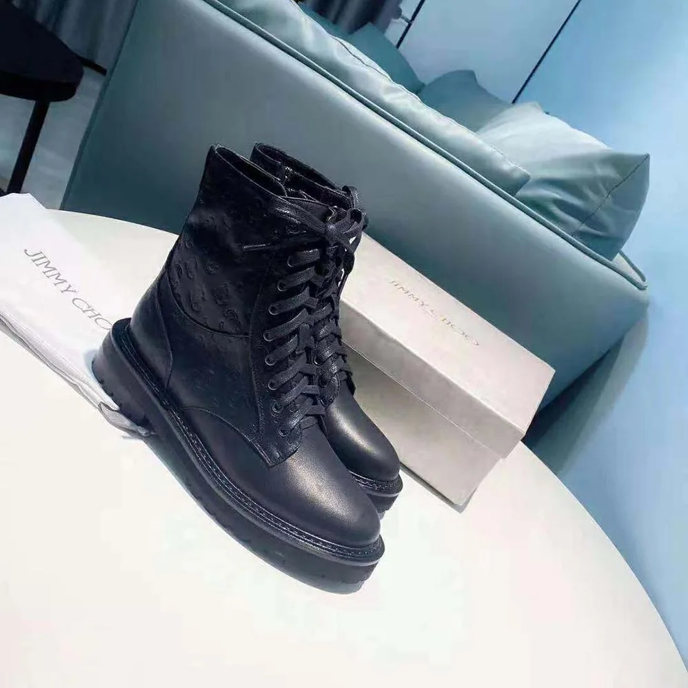 Jimmy Choo Cora Flat Black JC Monogram Leather Mix Combat Boots for Women