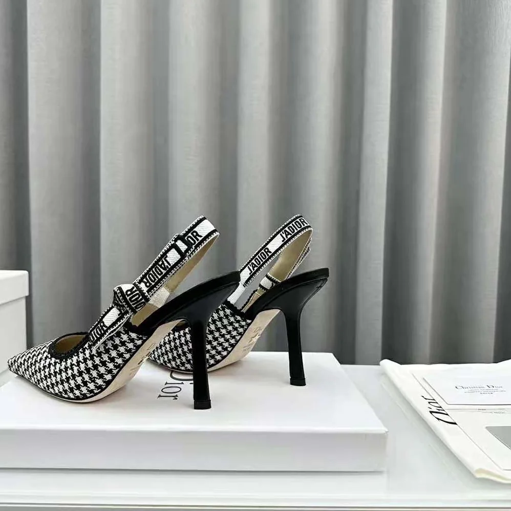 Dior J'Adior Slingback Pump White and Black Micro for Women in Houndstooth Embroidered Cotton