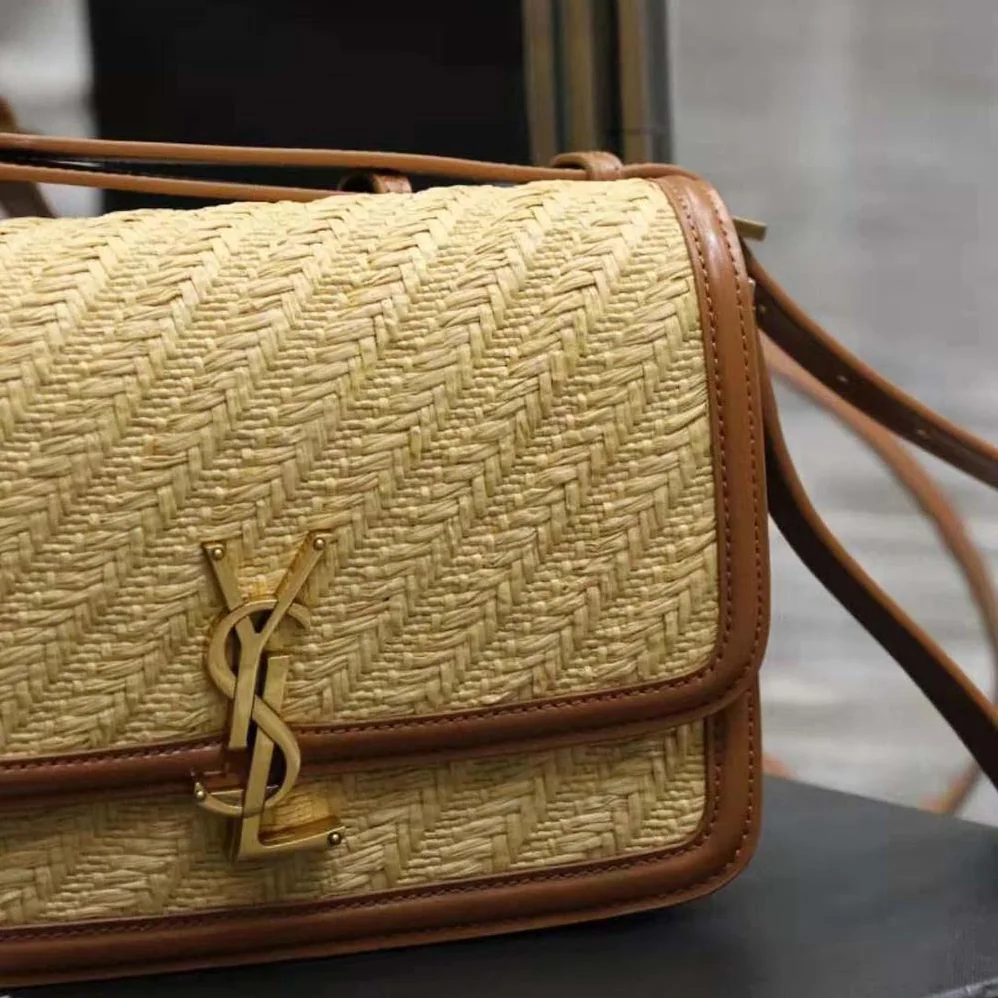 Saint Laurent YSL Solferino Medium Satchel in Raffia and Vegetable for Women in Tanned Leather Saint Laurent YSL Solferino Medium Satchel in Raffia and Vegetable for Women in Tanned Leather