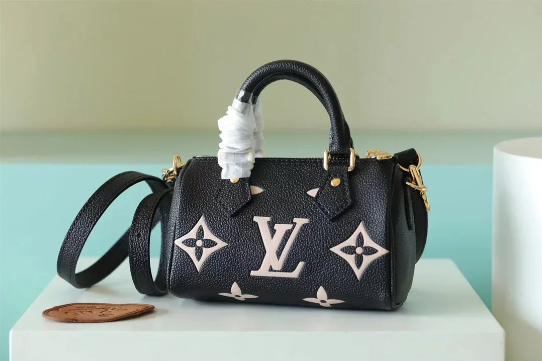 Louis Vuitton Nano Speedy Top Handle Bag / Black/ Beige Monogram Empreinte Gold Hardware