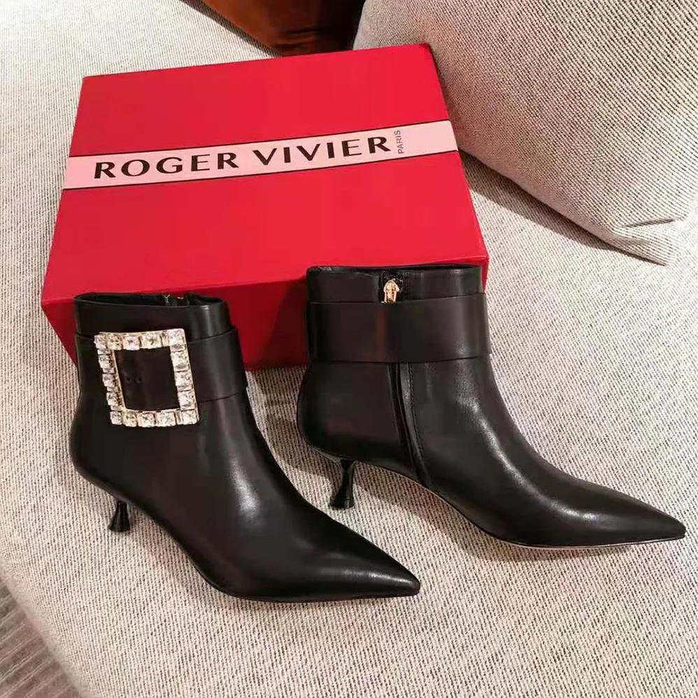Roger Vivier Pointy Strass Buckle Booties in Leather-4.5cm Heel for Women