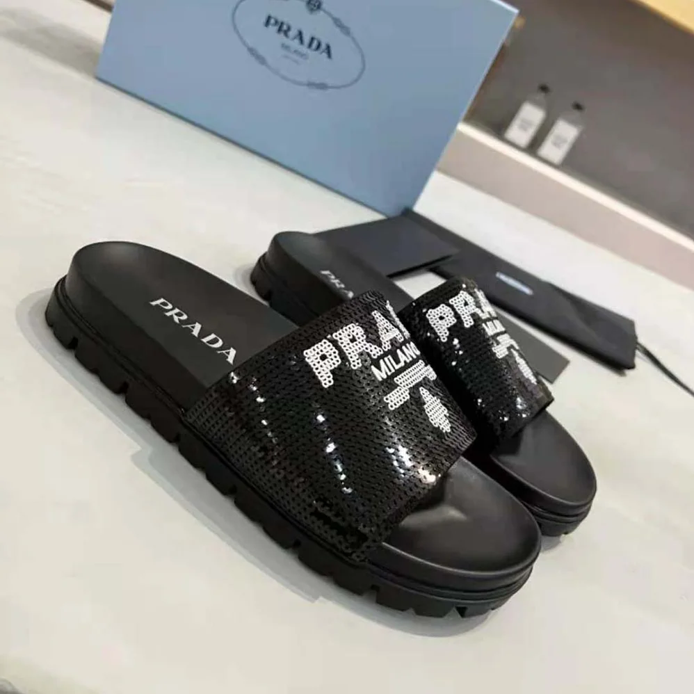 Prada Sequin Slides with Rubber Lug Sole are Covered All Over with Embroidered Sequins for Women Prada Sequin Slides with Rubber Lug Sole are Covered All Over with Embroidered Sequins for Women
