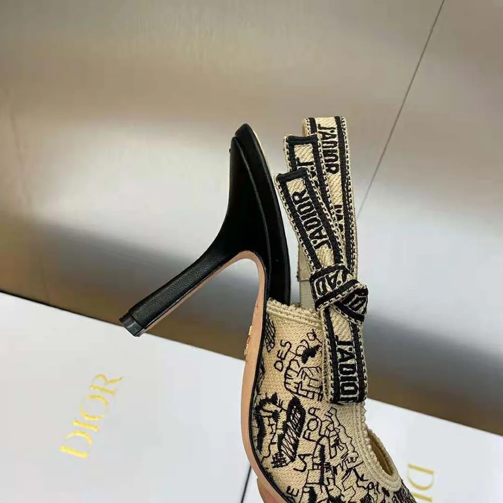 Dior J'Adior Slingback Pump Black and Beige Cotton Embroidered with Plan de Paris Motif for Women Dior J'Adior Slingback Pump Black and Beige Cotton Embroidered with Plan de Paris Motif for Women