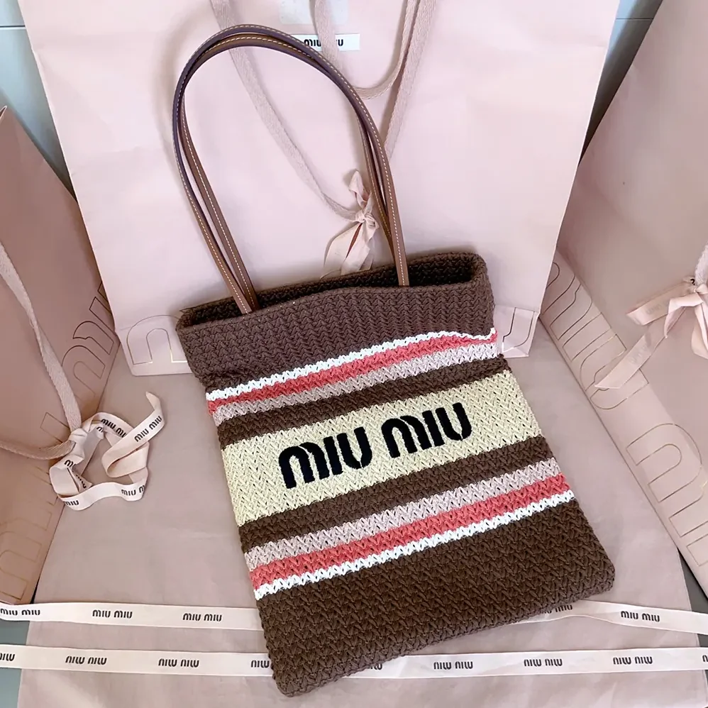 Miu Miu Raffia-Effect Woven Tote Bag for Women in Tobacco/Strawberry/Natural Miu Miu Raffia-Effect Woven Tote Bag for Women in Tobacco/Strawberry/Natural
