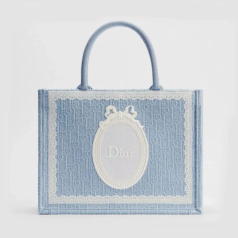 Dior Medium Dior Book Tote with Strap Blue Dior Oblique Embroidery with White Lace and Dior Médaillon for Women