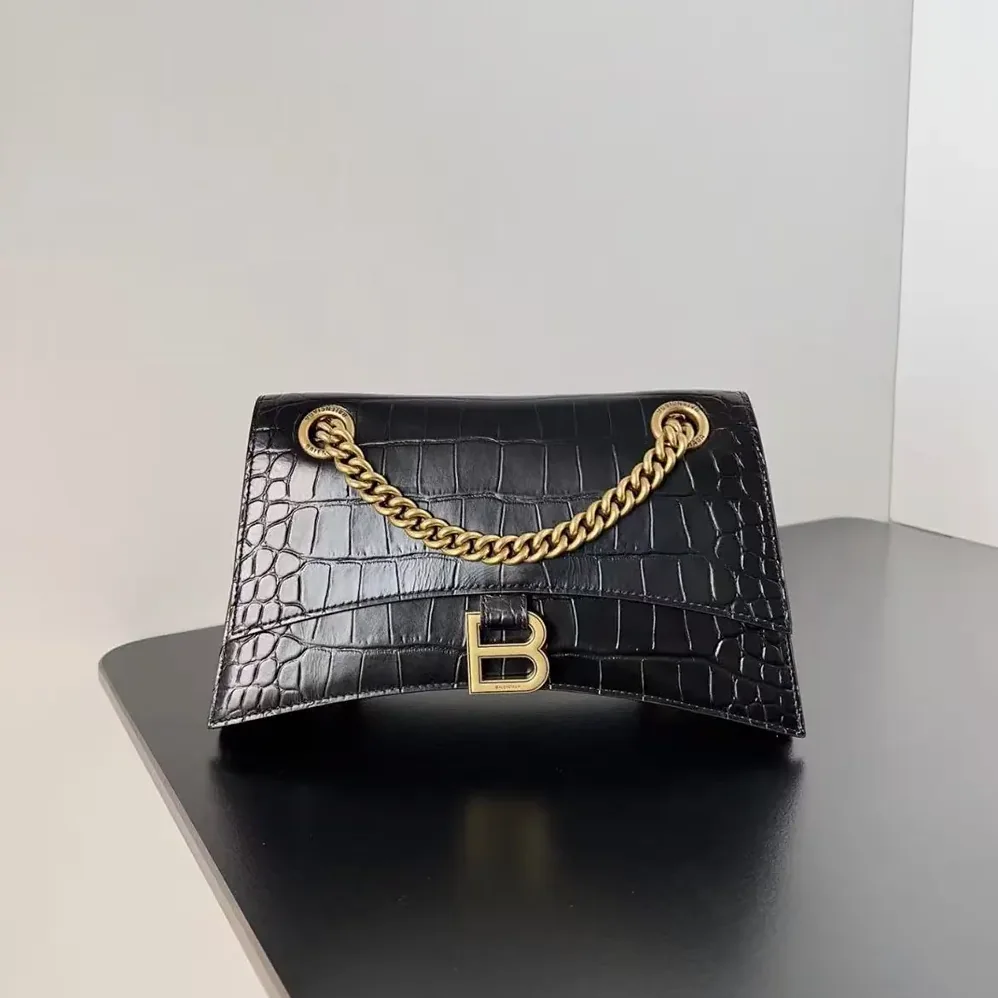 Balenciaga Small Crush Shoulder Bag in Black Shiny Crocodile Embossed Leather for Women