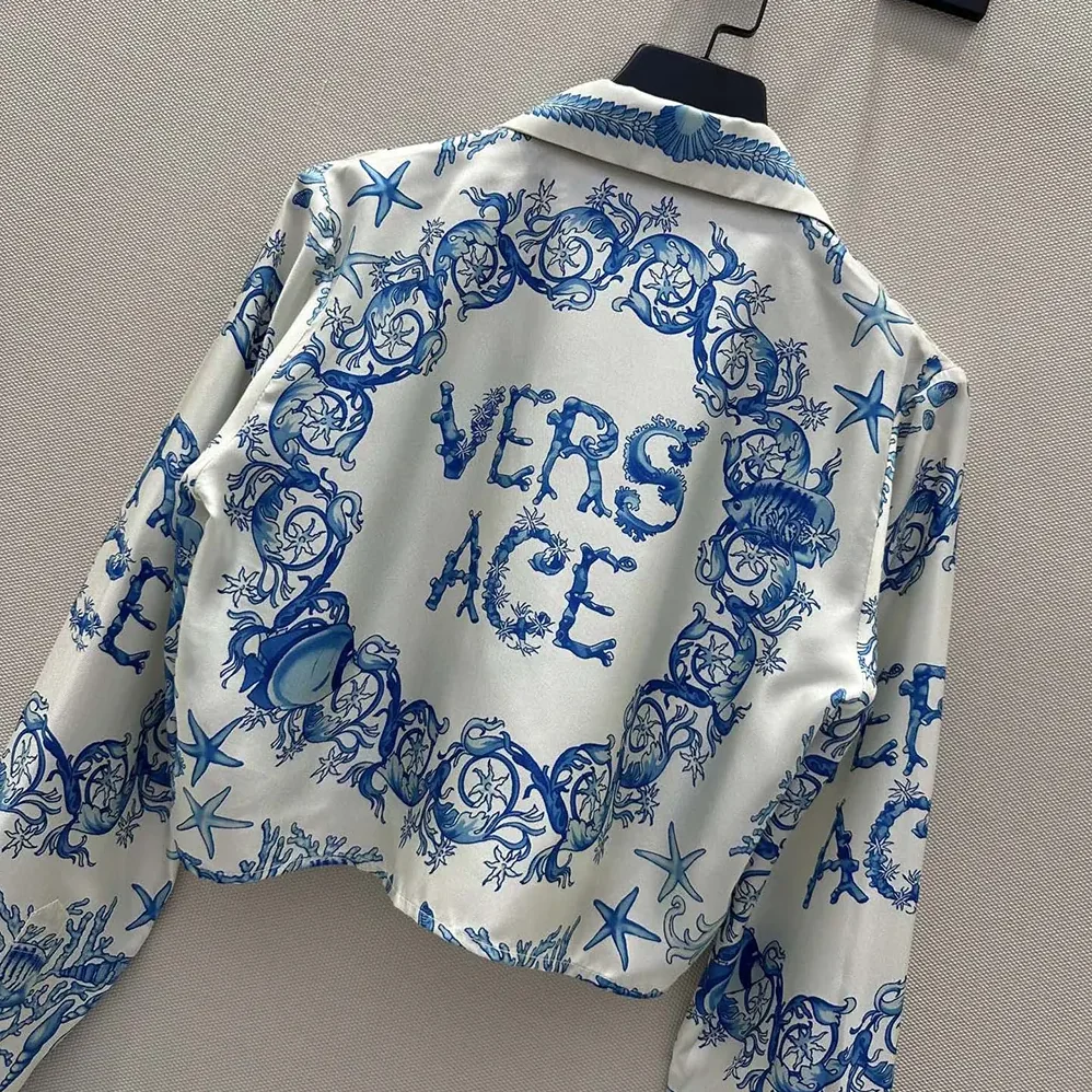 Versace Underwater Barocco Knotted Crop Cotton Shirt for Women