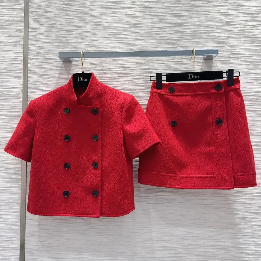 Dior Short-Sleeved Jacket Red Virgin Wool and Cotton Bouclé Blend for Women