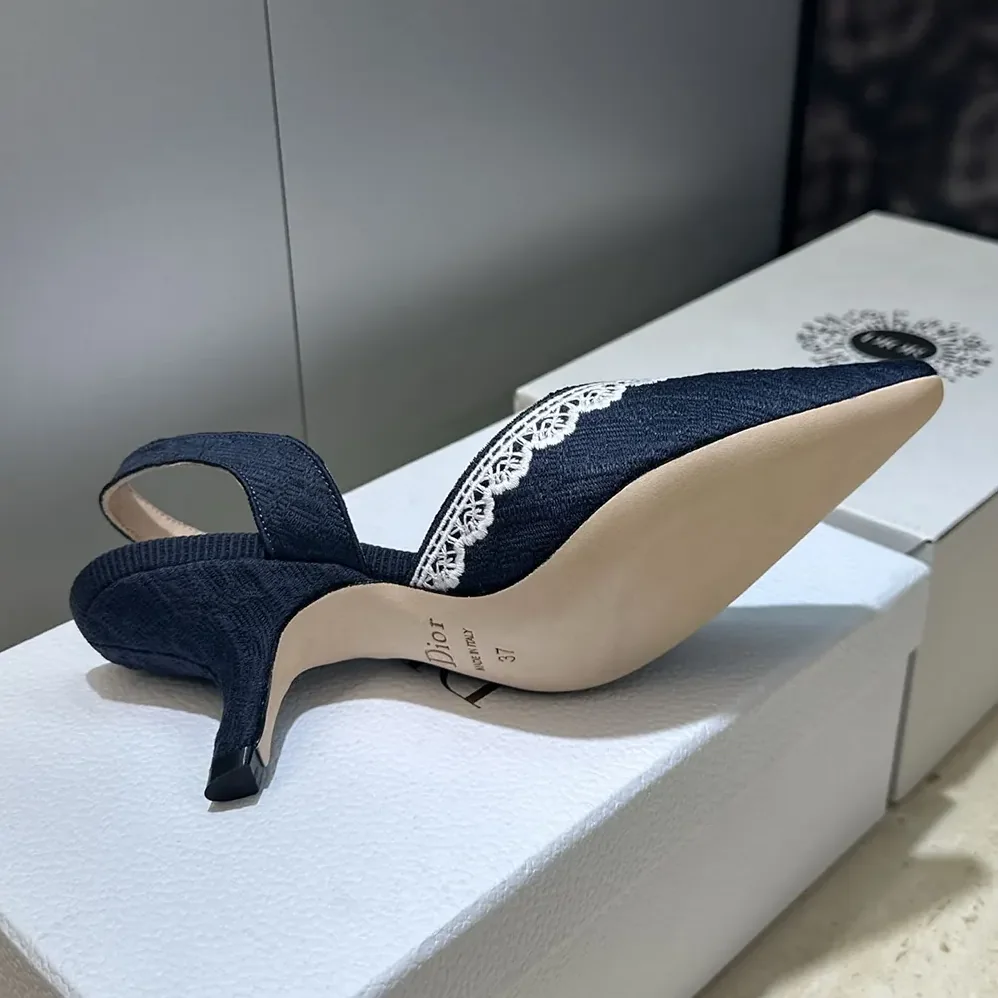 Dior J'Adior Slingback Pump Blue Dior Oblique Embroidered Cotton and White Lace for Women Dior J'Adior Slingback Pump Blue Dior Oblique Embroidered Cotton and White Lace for Women