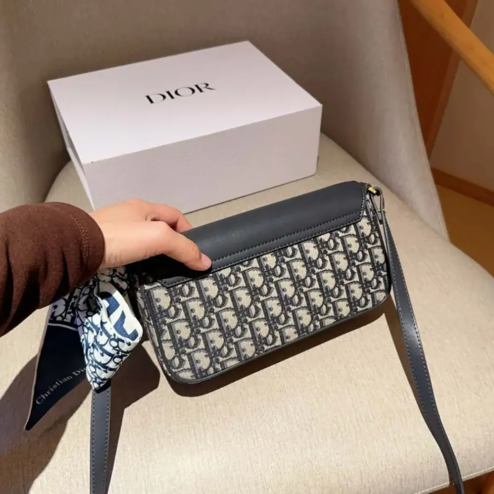 Dior Miss Caro Pouch with Chain Blue Dior Oblique Jacquard and Smooth Calfskin for Women