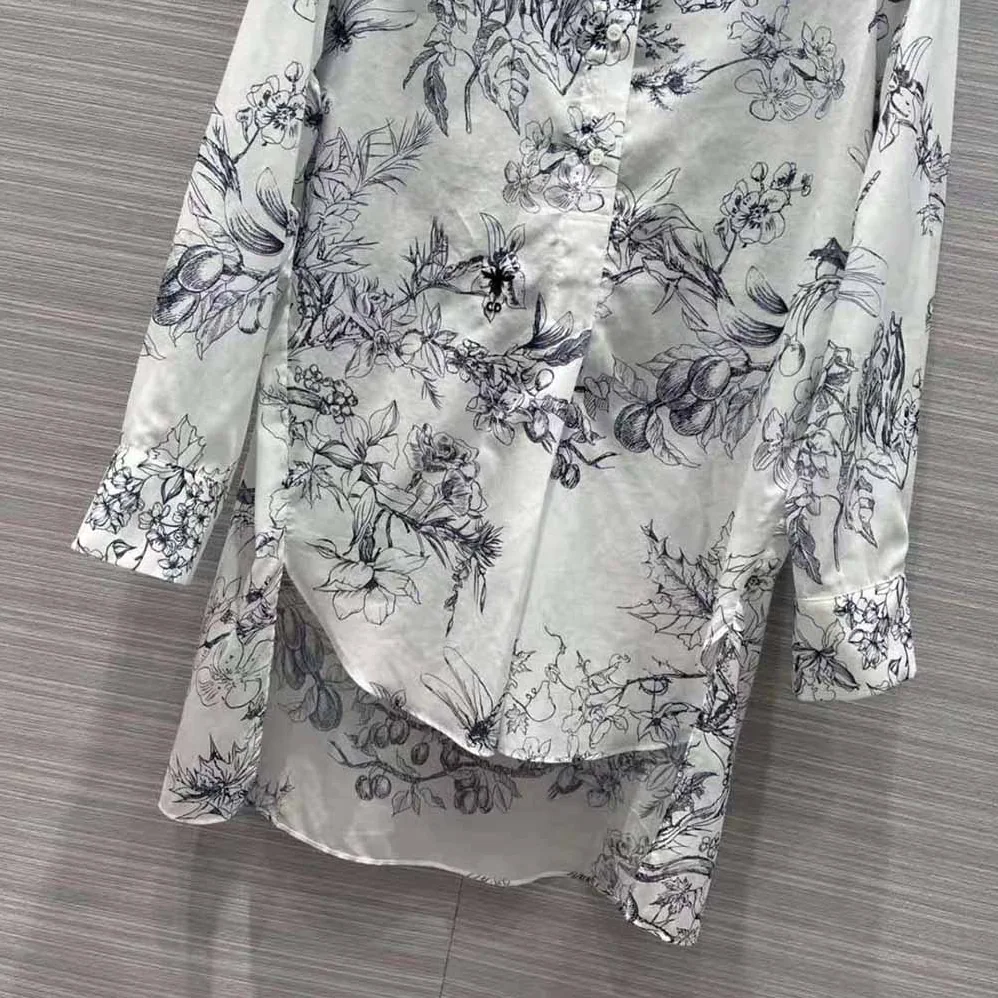 Dior Long Blouse Navy Blue Cotton Voile with Toile de Jouy Flowers Motif for Women