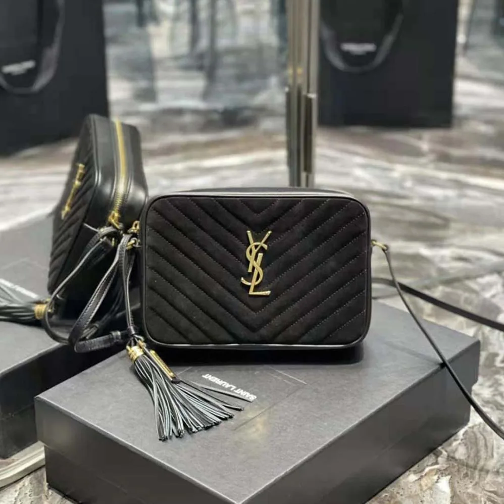 Saint Laurent YSL Lou Camera Bag in Quilted Suede and Smooth Leather for Women in Black