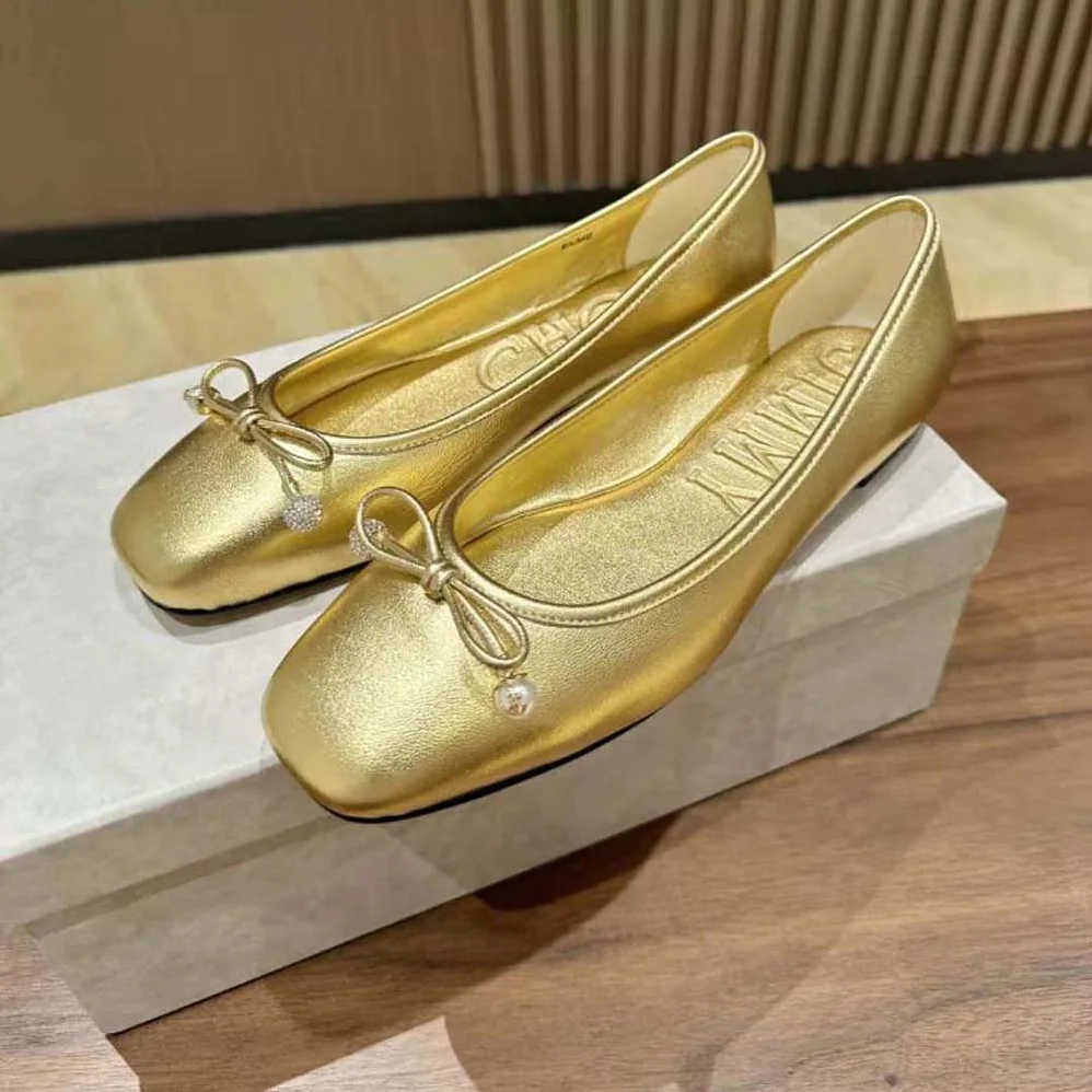 Jimmy Choo Elme Flat Gold Metallic Nappa Leather Flats with Pearl Embellishment for Women Jimmy Choo Elme Flat Gold Metallic Nappa Leather Flats with Pearl Embellishment for Women
