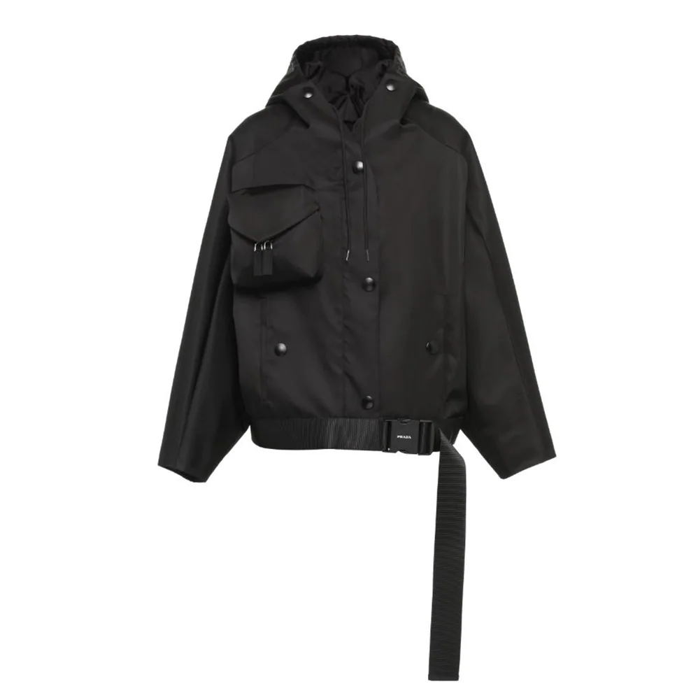 Prada Re-Nylon Gabardine Hooded Blouson Jacket for Women in Black Prada Re-Nylon Gabardine Hooded Blouson Jacket for Women in Black