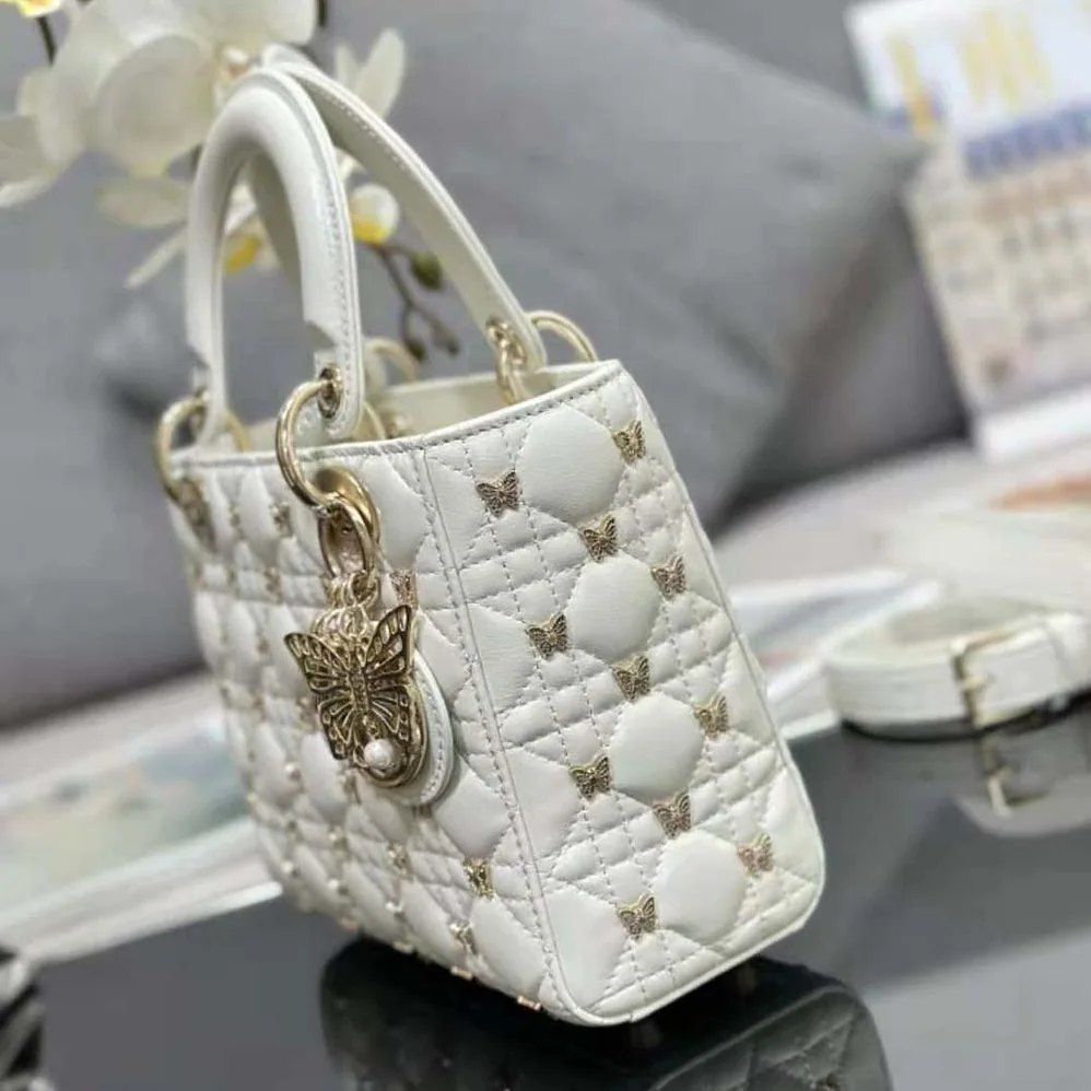 Dior Small Lady Dior Bag White Cannage Lambskin with Gold for Women in Finish Butterfly Studs Dior Small Lady Dior Bag White Cannage Lambskin with Gold for Women in Finish Butterfly Studs