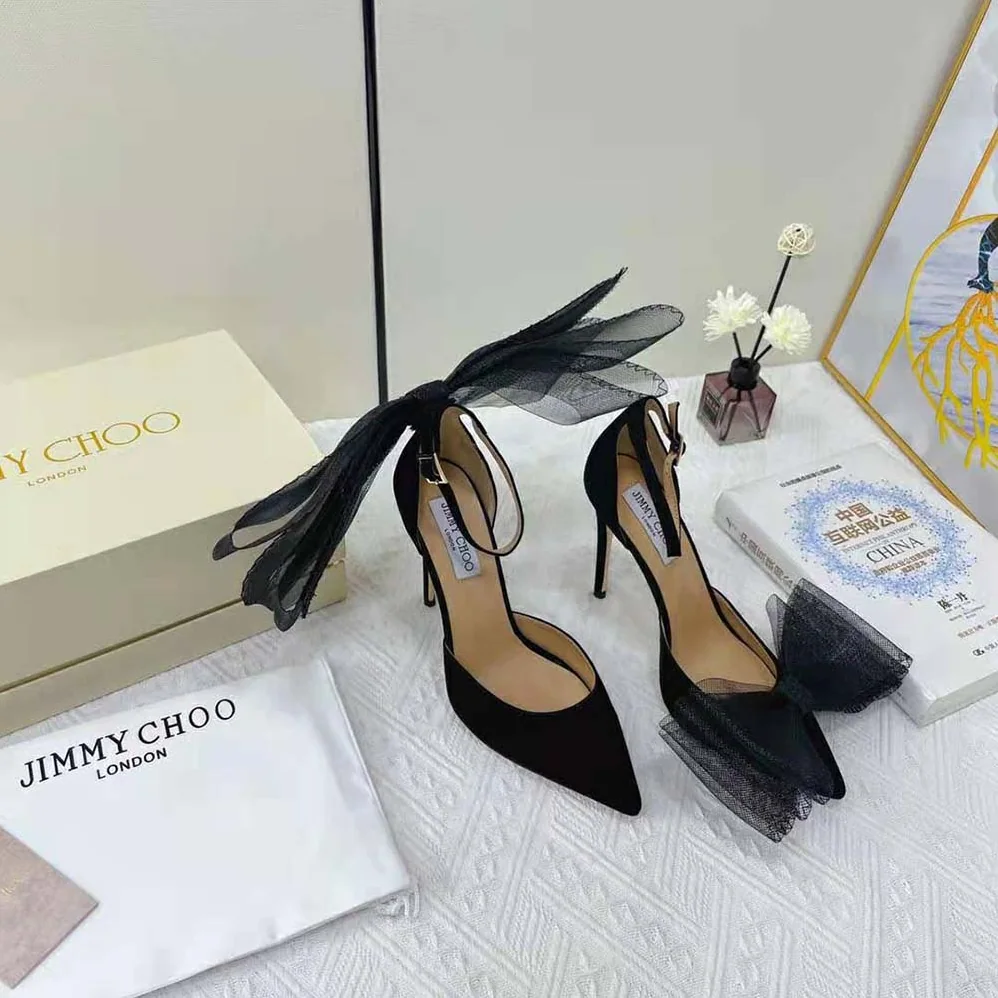 Jimmy Choo Averly 100 Black Pumps with Asymmetric Grosgrain Mesh Fascinator Bows for Women Jimmy Choo Averly 100 Black Pumps with Asymmetric Grosgrain Mesh Fascinator Bows for Women