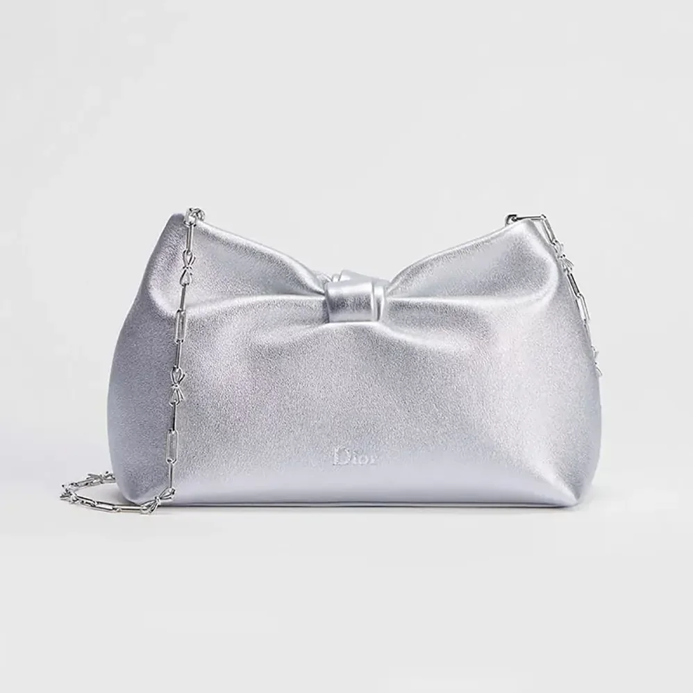 Dior Or Small Dior Bow Bag Silver for Women in Tone Laminated Lambskin