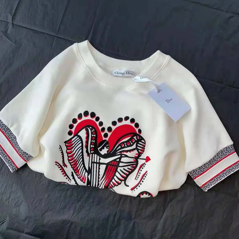 Dior Short-Sleeved Sweatshirt White Cotton Jersey with Multicolor Cupidon Motif for Women