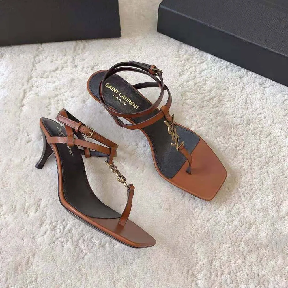 Saint Laurent YSL Cassandra Sandals in Smooth Leather for Women in Brown