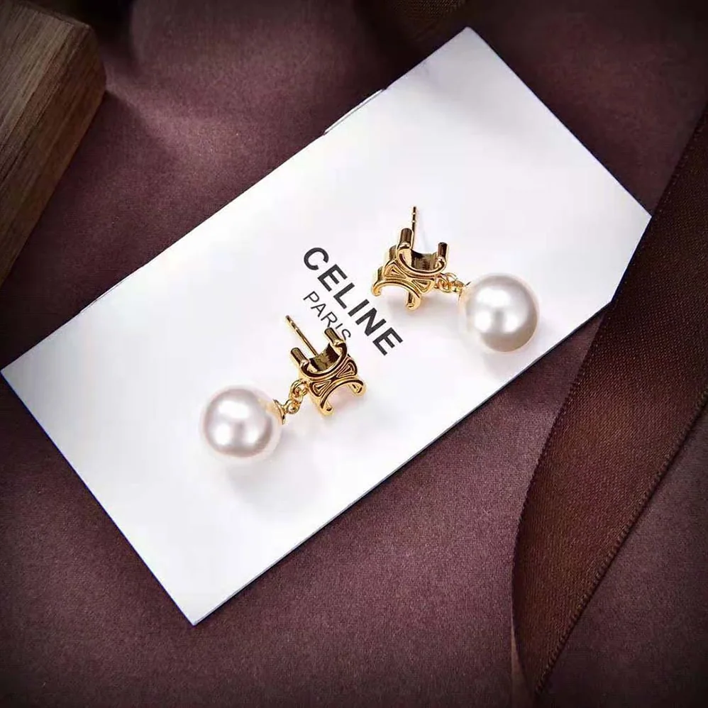 Celine Triomphe Pearl Earrings in Brass with Gold Finish and Glass Pearls for Women