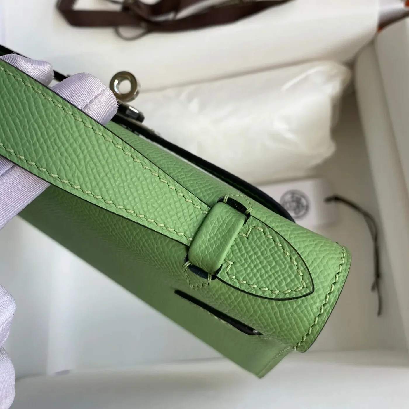 Hermes Kelly Pochette Top Handle Bag in Green Epsom Palladium Hardware