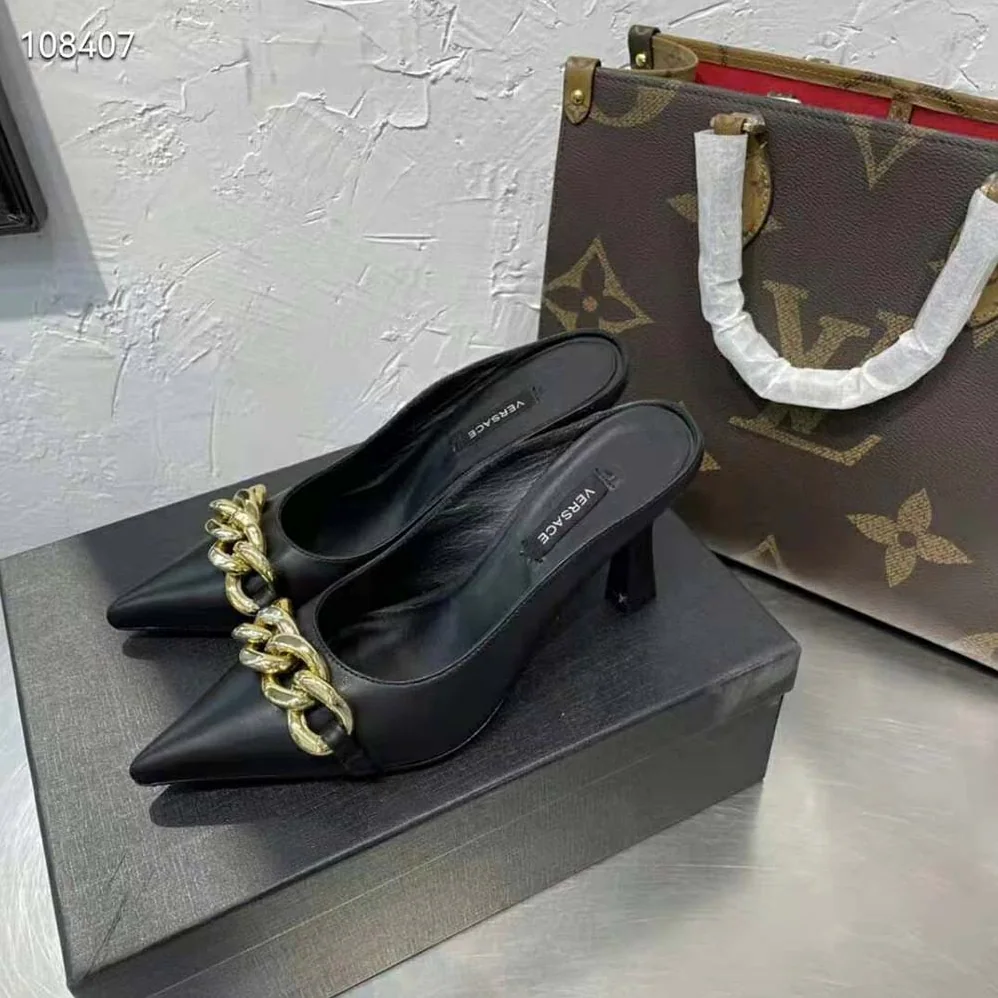 Versace Medusa Chain Nappa Leather Mules for Women in Black Versace Medusa Chain Nappa Leather Mules for Women in Black