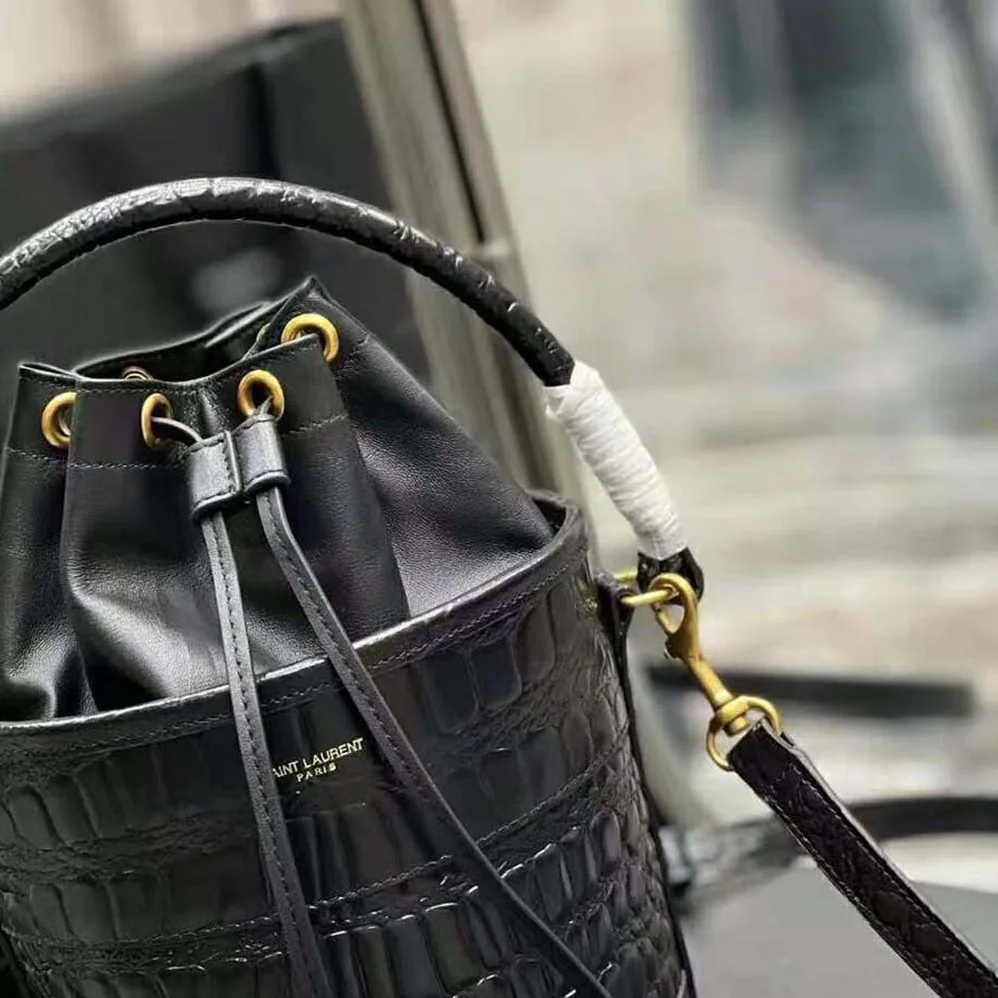 Saint Laurent YSL Bahia Small Bucket Bag in Crocodile for Women in Embossed Lacquered Leather Saint Laurent YSL Bahia Small Bucket Bag in Crocodile for Women in Embossed Lacquered Leather