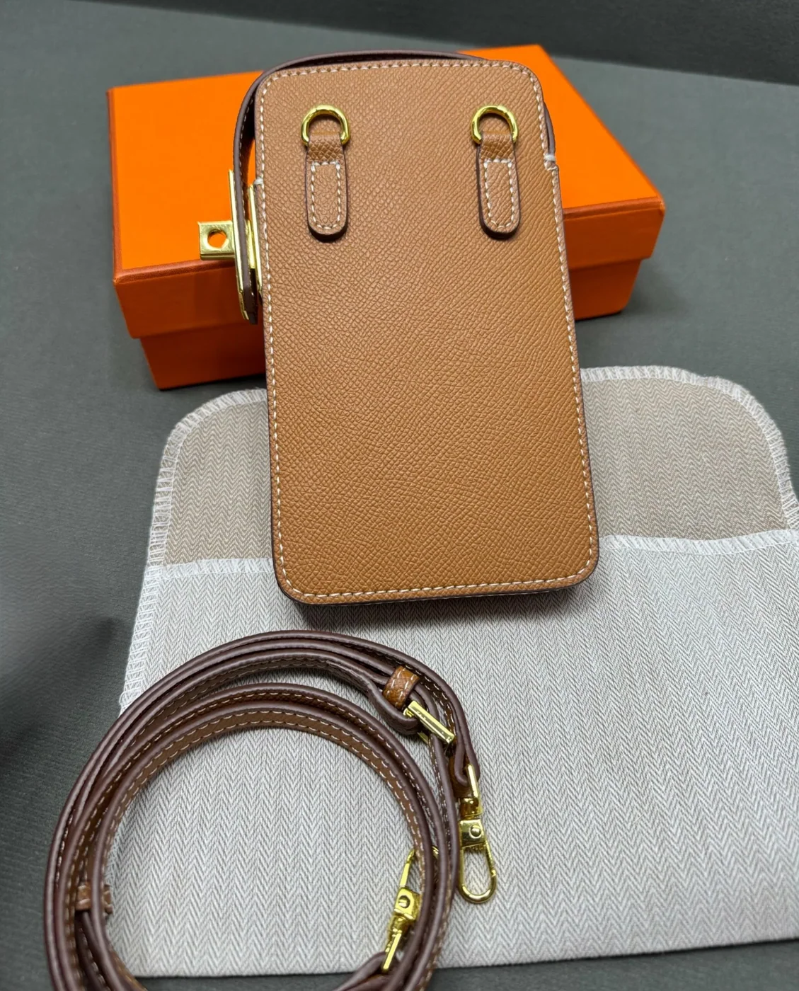 Hermes Hac A Box Phone Case Toffee Gold Hardware /