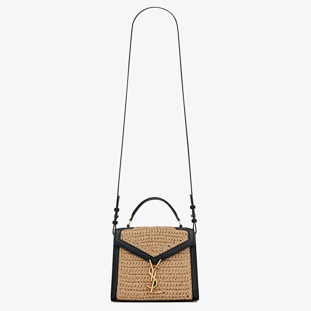 Saint Laurent YSL Cassandra Mini Top Handle Bag in Raffia and Leather for Women