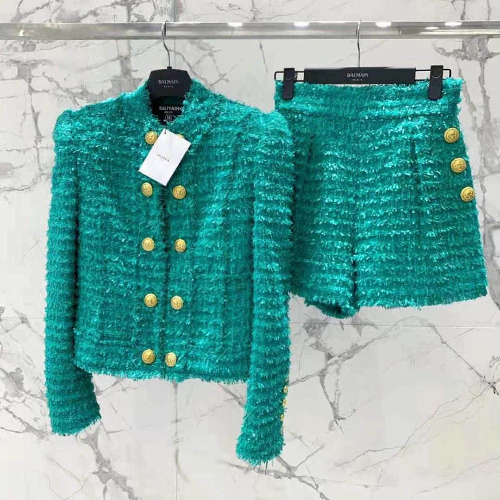 Balmain Fringed Tweed Jacket for Women in Green