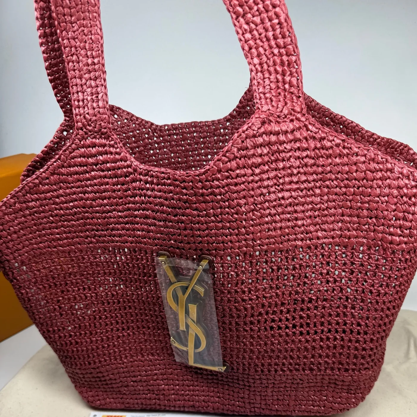 Saint Laurent Icare Medium Tote Bag / Rouge Cabernet Raffia Bronze Hardware Saint Laurent Icare Medium Tote Bag / Rouge Cabernet Raffia Bronze Hardware