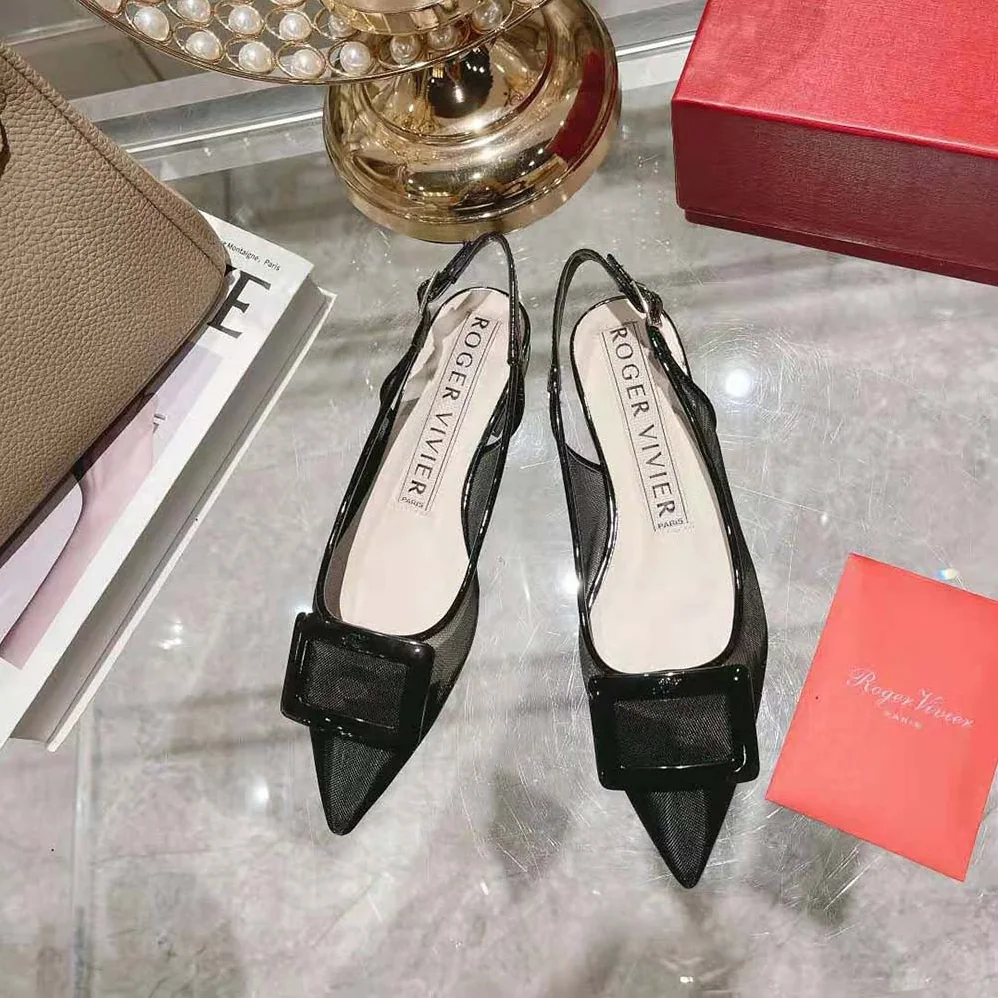 Roger Vivier Gommettine Net Lacquered Buckle Slingback Ballerinas in Fabric for Women in Black