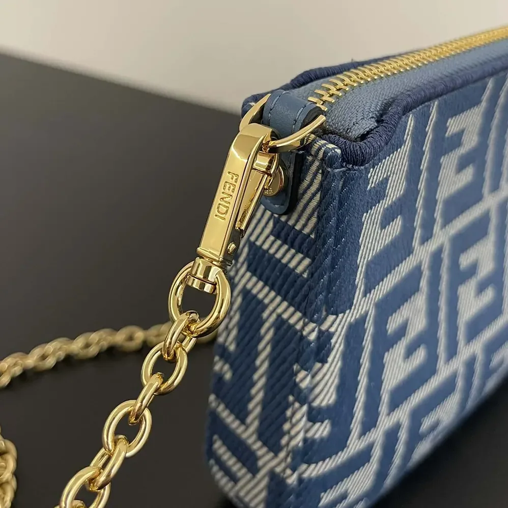 Fendi Baguette Pouch Blue Denim-effect FF Jacquard Charm Pouch with Chain for Women