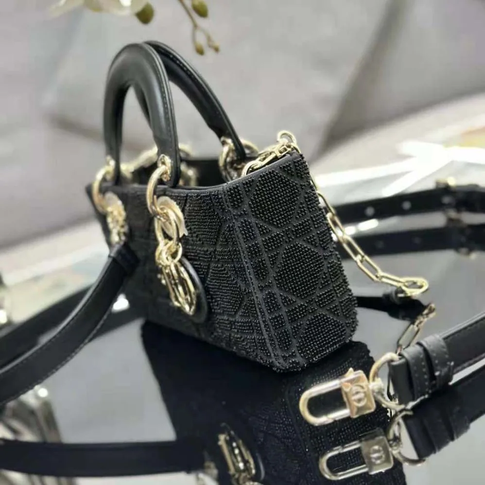 Dior Small Lady D-joy Bag Black Cannage Cotton with Micropearl Embroidery for Women