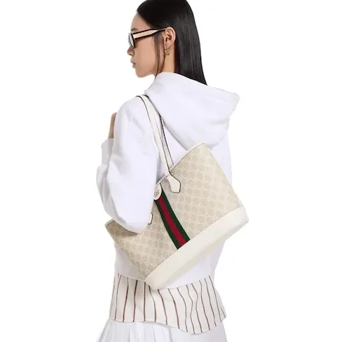 Gucci Ophidia Medium Tote Bag in Beige/ White Gold Hardware