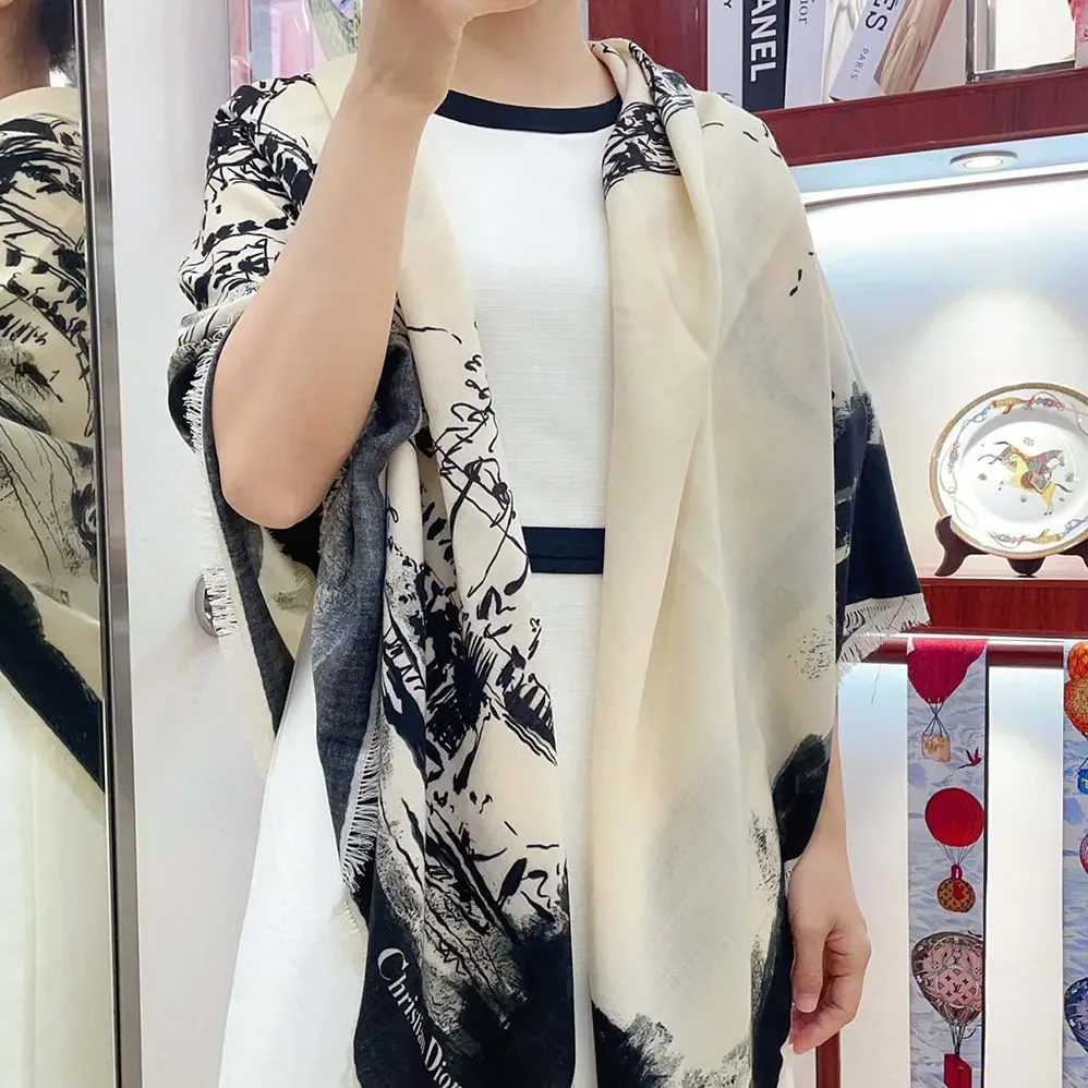 Dior Paris 90 Square Scarf Ecru and Black Silk Twill for Unisex