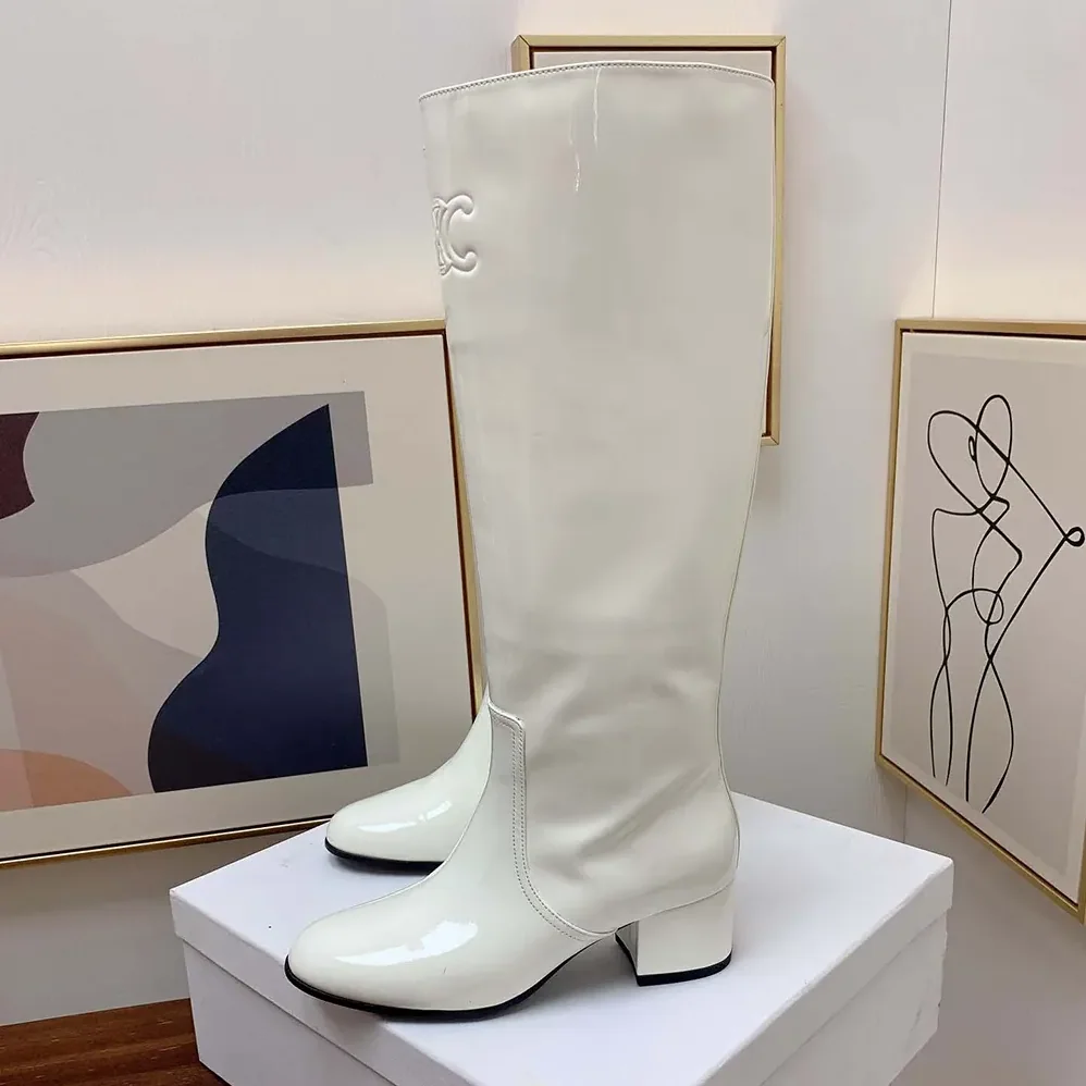 Celine Les Bottes Celine Triomphe High Boot in Patent Calfskin for Women in White