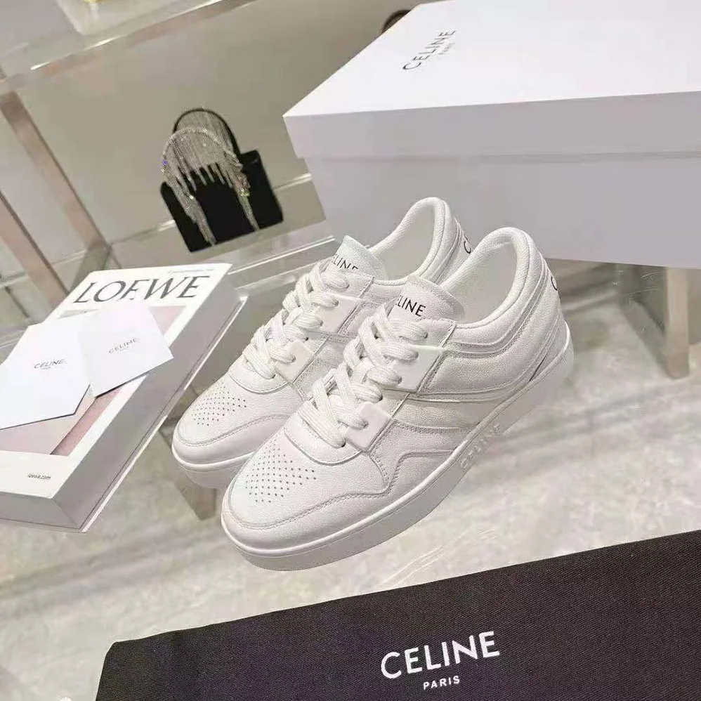 Celine Trainer Low Lace-up Sneaker in Calfskin for Women in White Celine Trainer Low Lace-up Sneaker in Calfskin for Women in White