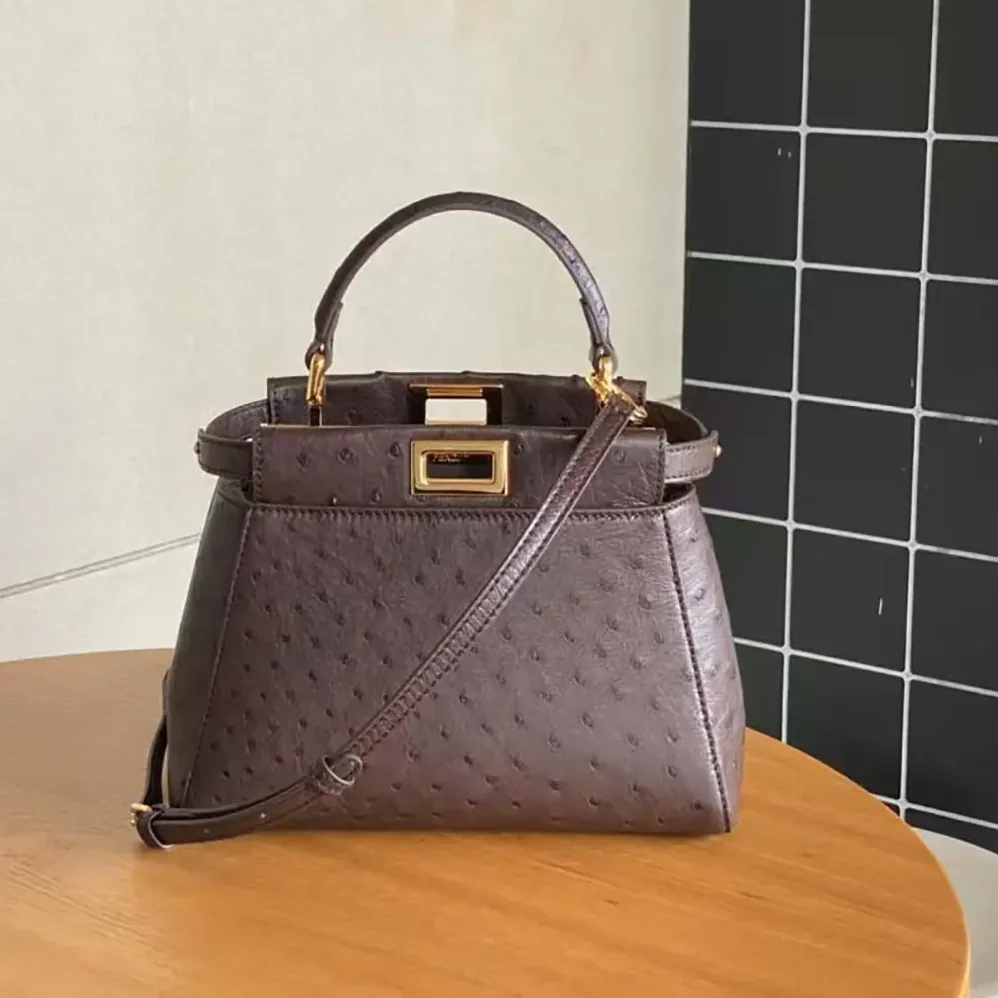 Fendi Peekaboo Iconic Mini Bordeaux Ostrich Leather Bag for Women Fendi Peekaboo Iconic Mini Bordeaux Ostrich Leather Bag for Women