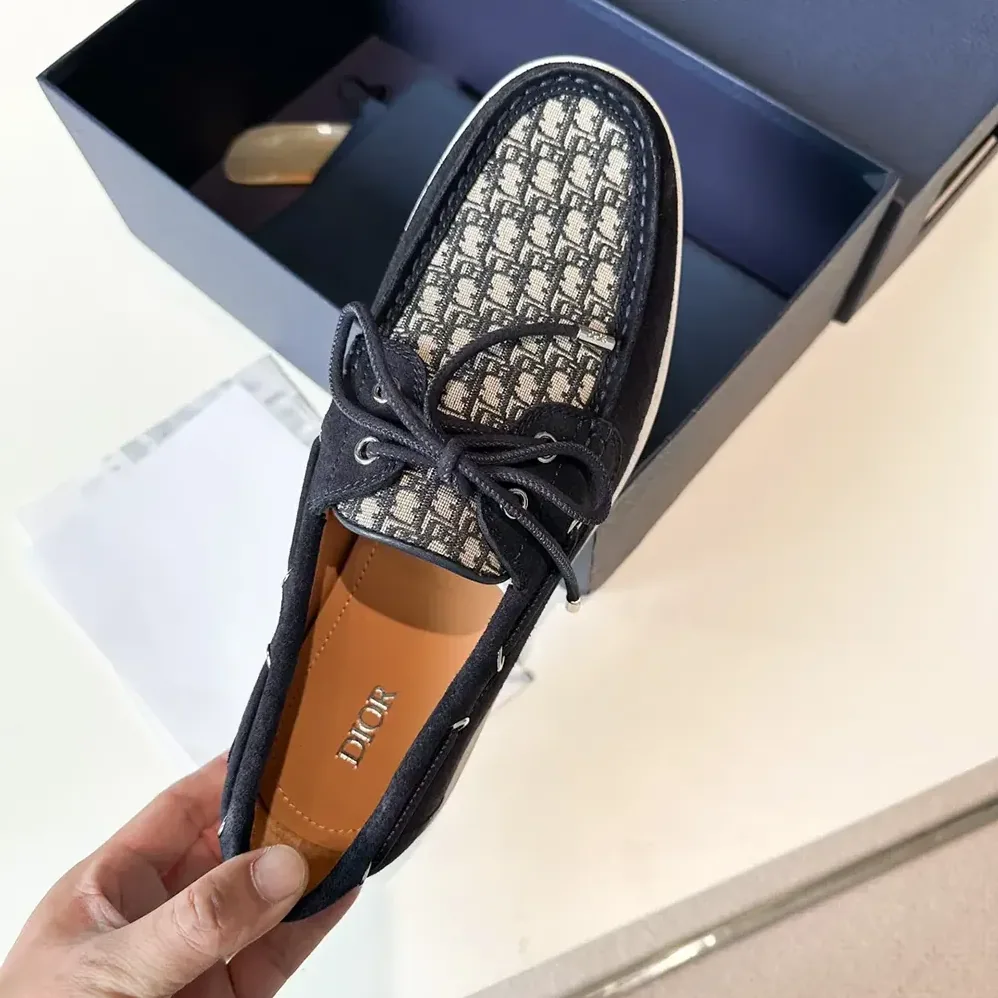 Dior Granville Boat Shoe Navy Blue Suede with Beige and Black Dior Oblique Jacquard for Men Dior Granville Boat Shoe Navy Blue Suede with Beige and Black Dior Oblique Jacquard for Men