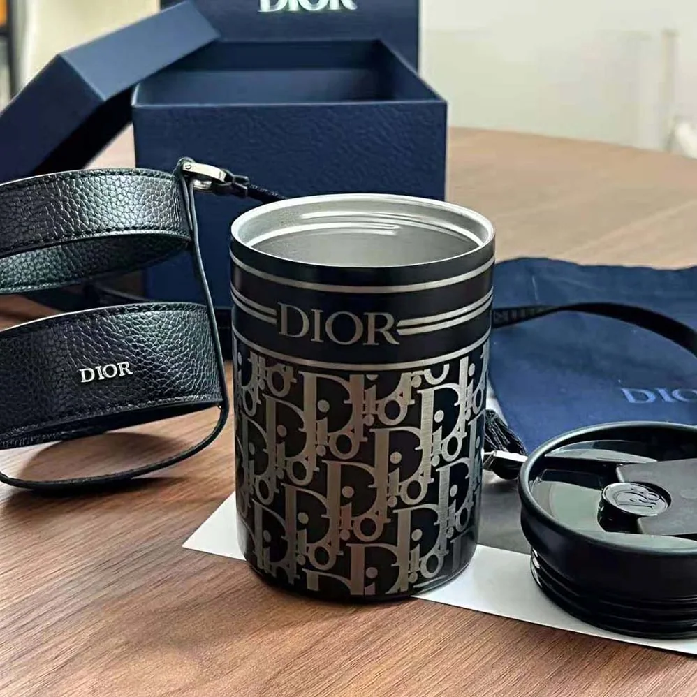 Dior Aqua Mug with Shoulder Strap Black Grained Calfskin and Dior Oblique Stainless Steel for Unisex
